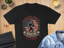 Load image into Gallery viewer, Black t-shirt with patriotic Bigfoot graphic celebrating America's Semiquincentennial 1776-2026.
