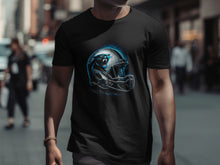 Load image into Gallery viewer, Black T-Shirt with Blue Panther and Helmet Print Design
