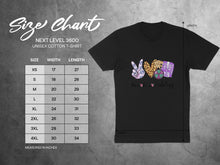 Load image into Gallery viewer, Unisex cotton t-shirt size chart with "Peace love Radiology" graphic.
