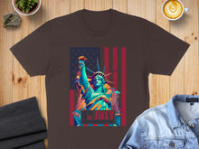 Load image into Gallery viewer, Statue of Liberty with American flag and "4th of July Independence Day" text.
