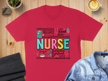 Load image into Gallery viewer, Red t-shirt with "NURSE" in large colorful block letters and related words.
