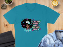 Load image into Gallery viewer, Teal t-shirt with "Scrubs Coffee and Messy Buns" text and butterfly graphic.
