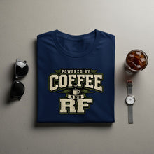 Load image into Gallery viewer, Navy t-shirt with "Powered by Coffee and RF" text and graphics.
