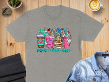 Load image into Gallery viewer, ICU Intensive Care Nurse graphic t-shirt with drinks and medical icons.
