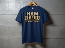 Load image into Gallery viewer, Navy blue t-shirt with "HAM RADIO NO INTERNET REQUIRED" graphic and antenna icon.
