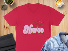 Load image into Gallery viewer, Red t-shirt with "Blessed Nurse" text in retro font.
