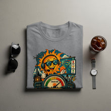 Load image into Gallery viewer, T-shirt with cartoon sun wearing headphones and sunglasses, pointing to a weather map.
