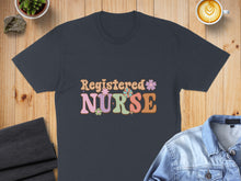 Load image into Gallery viewer, Dark t-shirt with "Registered Nurse" in colorful retro floral text.
