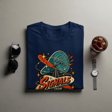 Load image into Gallery viewer, Navy t-shirt with retro graphic design of radio tower and "Signals From" text.
