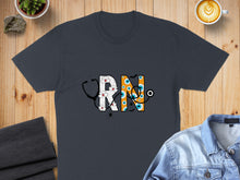 Load image into Gallery viewer, Dark grey t-shirt with "RN" design featuring a stethoscope, eyeballs, and spiders.

