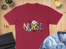 Load image into Gallery viewer, Burgundy t-shirt with "Nurse" graphic featuring stethoscope, pills, and a cross.
