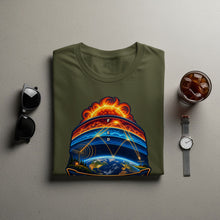 Load image into Gallery viewer, Green t-shirt with graphic showing Earth, sun, and radio waves with letters F E D.
