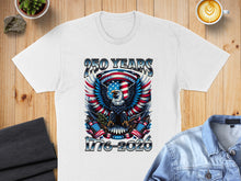 Load image into Gallery viewer, White t-shirt featuring an eagle, American flags, and "250 YEARS 1776-2026" text.

