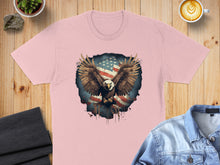 Load image into Gallery viewer, Pink t-shirt with eagle and American flag graphic.
