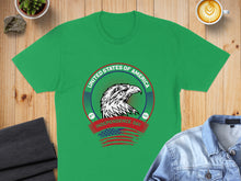 Load image into Gallery viewer, Green t-shirt with eagle and "United States of America Independence Day" text.
