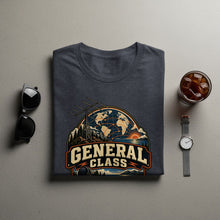 Load image into Gallery viewer, Dark grey t-shirt with a "GENERAL CLASS" emblem featuring a globe and antenna.

