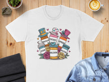 Load image into Gallery viewer, T-shirt with cartoon bottles labeled Midazolam, Fentanyl, Diprivan, and Naloxone.
