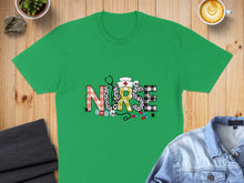 Load image into Gallery viewer, Green t-shirt with "NURSE" text in a collage of patterns and medical icons.
