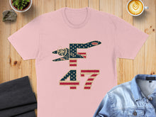 Load image into Gallery viewer, Pink t-shirt with a distressed American flag graphic forming a bomber plane and the number 47.
