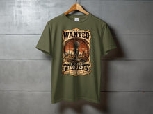 Load image into Gallery viewer, Olive green t-shirt with "WANTED: A CLEAR FREQUENCY" and vintage microphone graphic.
