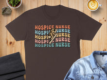 Load image into Gallery viewer, Brown t-shirt with colorful "Hospice Nurse" text and lightning bolt graphic.
