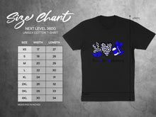 Load image into Gallery viewer, Next Level 3600 unisex cotton t-shirt size chart with measurements.
