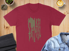 Load image into Gallery viewer, Maroon t-shirt with distressed green American flag design.
