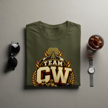 Load image into Gallery viewer, Olive green t-shirt with "TEAM CW" graphic, sunglasses, watch, and drink.
