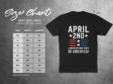 Load image into Gallery viewer, Unisex cotton t-shirt size chart for April 2nd Liberation Day in America.
