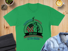 Load image into Gallery viewer, Green t-shirt with "Celebrating America's 4th July Semiquincentennial 1776-2026" text and Statue of Liberty.
