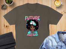 Load image into Gallery viewer, Brown t-shirt with "Future Nurse" text and illustration of a Black woman with butterflies.

