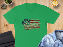 Load image into Gallery viewer, Green t-shirt with distressed American flag and "Freedom" text.
