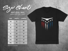 Load image into Gallery viewer, Next Level 3600 unisex t-shirt size chart with width and length measurements.
