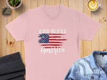 Load image into Gallery viewer, Pink t-shirt with distressed American flag and "God Bless America" text.
