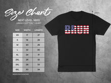 Load image into Gallery viewer, Size chart for Next Level 3600 unisex cotton t-shirt with BRUH graphic.
