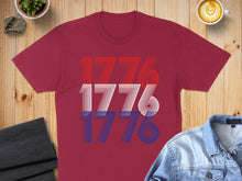 Load image into Gallery viewer, Burgundy t-shirt with "1776" in red, white, and blue stripes.
