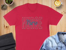 Load image into Gallery viewer, Red t-shirt with "NURSE" text in teal outline font.

