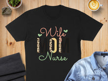 Load image into Gallery viewer, Black t-shirt with "Wife Mom Nurse" text and leopard print.
