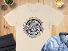 Load image into Gallery viewer, T-shirt with leopard print smiley face and "IT'S A BEAUTIFUL DAY TO SAVE LIVES" text.

