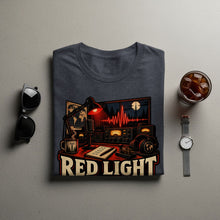 Load image into Gallery viewer, T-shirt graphic features radio equipment, a world map, and the text "RED LIGHT".
