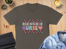 Load image into Gallery viewer, Brown t-shirt with "Registered Nurse" text and colorful checkered heart.
