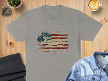 Load image into Gallery viewer, Gray t-shirt with distressed American flag and "Freedom" graphic.
