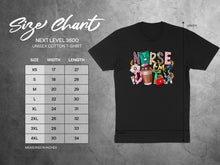 Load image into Gallery viewer, Next Level 3600 unisex t-shirt size chart with width and length measurements.
