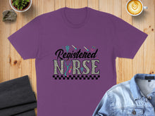 Load image into Gallery viewer, Purple t-shirt with "Registered Nurse" in colorful, patterned letters and medical icons.

