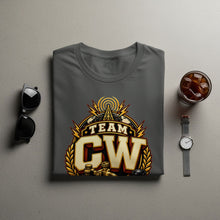 Load image into Gallery viewer, T-shirt with "TEAM CW" text, radio tower, and laurel wreath graphic.
