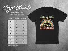 Load image into Gallery viewer, Unisex cotton t-shirt size chart with "Just a girl who loves nursing" graphic.

