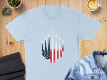 Load image into Gallery viewer, Light blue t-shirt with US flag and fighter jets graphic.
