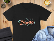 Load image into Gallery viewer, Black t-shirt with "Nurse" text and heart stethoscope design.
