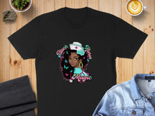 Load image into Gallery viewer, Black Nurse Magic graphic on a black t-shirt with butterflies.
