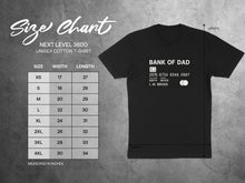 Load image into Gallery viewer, Unisex t-shirt size chart for "BANK OF DAD" shirt with width and length measurements.
